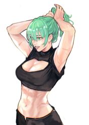 Rule 34 | 1girl, abs, alternate costume, alternate hairstyle, armpits, black shirt, breasts, byleth (female) (fire emblem), byleth (fire emblem), cleavage cutout, clothing cutout, commentary, crop top, english commentary, enlightened byleth (female), fire emblem, fire emblem: three houses, green eyes, green hair, grey background, hair tie, hair tie in mouth, large breasts, midriff, mouth hold, muscular, muscular female, navel, nintendo, ponytail, scar, scar on hip, sethkiel, shirt, simple background, solo, stomach, tying hair