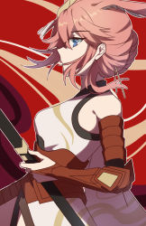 Rule 34 | 1girl, animal ears, armor, bare shoulders, blue eyes, fox ears, gauntlets, hair ornament, highres, holding, holding sword, holding weapon, honkai (series), honkai impact 3rd, idass (idass16), japanese armor, japanese clothes, katana, looking to the side, pink hair, red background, sheath, sheathed, sleeveless, solo, sword, weapon, yae sakura, yae sakura (flame sakitama)