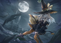 Rule 34 | 1girl, artist request, bird, boots, broom, broom riding, disney, dress, female focus, flying, full moon, halloween, hat, highres, jack skellington, moon, night, orange eyes, original, smile, solo, star (sky), tagme, the nightmare before christmas, thighhighs, tongue, tongue out, white hair, witch, witch hat