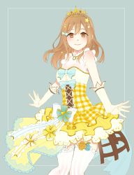 Rule 34 | 1girl, absurdres, bow, breasts, brown eyes, brown hair, chiyomaru (yumichiyo0606), cleavage, corset, diadem, flower, garter straps, gloves, grey background, hair between eyes, hair bow, highres, jewelry, kunikida hanamaru, layered skirt, long hair, looking at viewer, love live!, love live! school idol festival, love live! sunshine!!, medium breasts, miniskirt, necklace, rose, simple background, skirt, smile, solo, standing, thighhighs, white gloves, white thighhighs, yellow flower, yellow rose