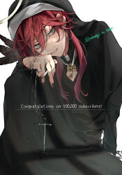 Rule 34 | 1boy, absurdres, aqua eyes, black feathers, cigarette, cross, cross necklace, crossdressing, feathers, halo, highres, holding, holding cigarette, jewelry, lauren iroas, male focus, multicolored hair, necklace, nijisanji, nun, purple hair, red hair, smile, smoking, solo, teeth, traditional nun, twitter username, unagi to kame, virtual youtuber, white background