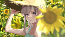 Rule 34 | 1girl, alternate costume, aqua dress, arms up, bandaid, bandaid on face, bandaid on forehead, blurry, blurry foreground, commentary request, dress, field, flower, flower field, frills, gathers, grey hair, grin, hands on headwear, hat, highres, idolmaster, idolmaster shiny colors, light blush, long hair, looking at viewer, narihayao, outdoors, purple eyes, sidelocks, sleeveless, sleeveless dress, smile, solo, spaghetti strap, straw hat, summer, sun hat, sundress, sunflower, sunflower field, sunlight, tareme, upper body, yukoku kiriko