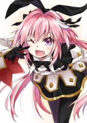 Rule 34 | 1boy, animal ears, astolfo (fate), astolfo (saber) (fate), astolfo (saber) (third ascension) (fate), black bow, black bowtie, black gloves, black pantyhose, blush, bow, bowtie, cowboy shot, dress, eyelashes, fake animal ears, fang, fate/grand order, fate (series), finger to cheek, gloves, gold trim, hair between eyes, hair bow, hair intakes, highres, inumine aya, long hair, male focus, multicolored hair, one eye closed, open mouth, pantyhose, pink hair, purple eyes, rabbit ears, solo, streaked hair, trap, twintails, two-tone hair, very long hair, white hair, wide sleeves, wing collar