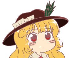 Rule 34 | 1girl, ascot, blonde hair, blush, brown headwear, closed mouth, collared shirt, commentary request, dolls in pseudo paradise, fedora, frilled hat, frilled shirt collar, frills, gyate gyate, happy, hat, hat feather, jacket girl (dipp), long hair, meme, portrait, red ascot, red eyes, shirt, smile, touhou, transparent background, user eezx2438, very long hair