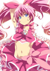 Rule 34 | 10s, 1girl, blue eyes, bow, choker, cure melody, earrings, houjou hibiki, jewelry, long hair, magical girl, midriff, navel, pink bow, pink hair, pink skirt, precure, ribbon, simple background, skirt, smile, solo, suite precure, tasaka shinnosuke, twintails