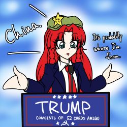 Rule 34 | blue eyes, braid, business suit, donald trump, english text, formal, hammer and sickle, hat, hidemaru-kyu, hong meiling, long hair, necktie, parody, politician, politics, red hair, star (symbol), suit, touhou