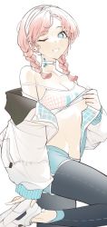 Rule 34 | 1girl, aqua eyes, arknights, blue poison (arknights), blue poison (shoal beat) (arknights), blush, bra, bra pull, braid, breasts, choker, cleavage, clothes lift, clothes pull, dpea9, earrings, hairband, jacket, jewelry, leg up, leggings, looking at viewer, off shoulder, official alternate costume, one eye closed, pants, pants under shorts, pink hair, shoes, shorts, simple background, sneakers, solo, sports bra, sports bra lift, sweat, twin braids, underwear, unfinished, white background, white choker