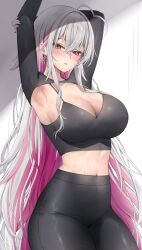 Rule 34 | 1girl, absurdres, ahoge, armpits, arms up, black pants, brown eyes, camisole, colored inner hair, commentary request, cowboy shot, crop top, earrings, grey hair, heterochromia, highres, jewelry, leggings, looking at viewer, midriff, multicolored hair, navel, original, pants, parted lips, purple eyes, purple hair, shrug (clothing), solo, spaghetti strap, standing, stomach, sweat, thighs, vitaminechan, vivi (vitaminechan)