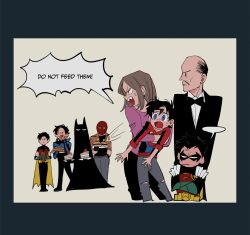 Rule 34 | 1girl, 6+boys, alfred pennyworth, bald, batman, batman (series), blank speech bubble, blue eyes, bow, bowtie, brown jacket, burger, cake, cake slice, candy, cape, crossed arms, damian wayne, dc comics, dick grayson, doughnut, facial hair, fangs, father and son, food, grandfather and grandson, hair between eyes, hokkemaruyaki, jacket, jason todd, lois lane, male focus, mother and son, multiple boys, mustache, nightwing, open mouth, purple sweater, red hood (dc), robin (dc), short hair, shouting, simple background, speech bubble, super sons, superman (series), sweater, tim drake, torn clothes