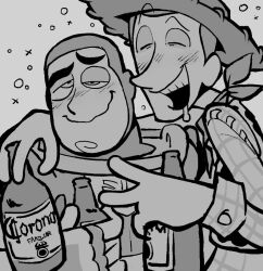 Rule 34 | 2boys, alcohol, astronaut, beer, blush, bottle, buzz lightyear, corona (brand), cowboy, cowboy hat, cowboy western, draculoid, drooling, drunk, hat, holding, holding bottle, male focus, monochrome, multiple boys, sheriff woody, spacesuit, squeans, toy story, western