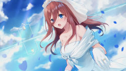 Rule 34 | 1girl, :o, akitsuki (oenothera), bare shoulders, bell, blue background, blue eyes, blush, breasts, bridal veil, brown hair, cleavage, closed mouth, commentary request, dress, falling petals, gloves, go-toubun no hanayome, hair between eyes, highres, jewelry, large breasts, long hair, nakano miku, petals, photoshop (medium), ring, solo, veil, wedding dress, white dress, white gloves