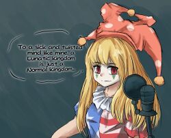 Rule 34 | 1girl, american flag shirt, blonde hair, breasts, closed mouth, clown, clownpiece, emby otakon, english text, expressionless, hat, jester cap, looking at viewer, makeup, medium bangs, microphone, neck ruff, pink hat, polka dot headwear, red eyes, shirt, short sleeves, small breasts, solo, star (symbol), star print, striped clothes, striped shirt, studio microphone, touhou, upper body
