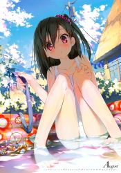 Rule 34 | 1girl, :o, absurdres, barefoot, black hair, blush, brown eyes, bush, calendar (medium), cameltoe, cloud, cloudy sky, day, feet, hair ornament, hair scrunchie, highres, hose, house, huge filesize, kantoku, long hair, one-piece swimsuit, one side up, original, parted lips, scan, school swimsuit, scrunchie, shizuku (kantoku), sitting, sky, solo, swimsuit, utility pole, wading, wading pool, water, wet, white one-piece swimsuit