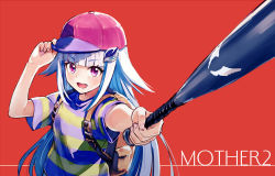 Rule 34 | 1girl, arms up, backpack, bag, baseball bat, baseball cap, blunt bangs, blush, copyright name, cosplay, hand on headwear, hat, highres, lize helesta, long hair, mother (game), mother 2, ness, ness (mother 2), ness (mother 2) (cosplay), nijisanji, nintendo, outstretched arm, purple eyes, red background, red hat, sakino shingetsu, shirt, short sleeves, sidelocks, silver hair, simple background, solo, straight hair, striped clothes, striped shirt, two-tone shirt, upper body, very long hair, virtual youtuber