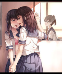 Rule 34 | 3girls, after kiss, against wall, back, bag, black hair, blouse, blue skirt, blush, bra, braid, breasts, brown hair, cleavage, collarbone, couple, door, holding hands, indoors, interlocked fingers, letterboxed, long hair, looking at another, multiple girls, open clothes, open shirt, original, pink bra, pleated skirt, ponytail, revision, saliva, saliva trail, school, school bag, school uniform, serafuku, shirt, short hair, skirt, tears, teeth, tongue, tongue out, twin braids, unbuttoned, underwear, white shirt, window, yuri, yuuri nayuta
