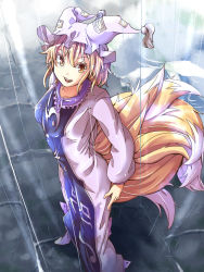 Rule 34 | 1girl, blonde hair, breasts, dress, female focus, fox tail, from above, gurasion (gurasion), hat, long sleeves, multiple tails, outdoors, rain, short hair, sky, smile, solo, tail, touhou, white dress, yakumo ran, yellow eyes