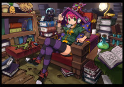 Rule 34 | 1girl, armchair, black border, book, book stack, border, cat, chair, chan co, crossed legs, earphones, green eyes, hand on headwear, hat, laboratory, lamp, lizard, looking at viewer, mouth hold, original, pink hair, purple thighhighs, red hair, shoes, shorts, sneakers, solo, striped clothes, striped thighhighs, study, thighhighs, witch hat