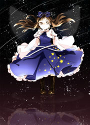 Rule 34 | 1girl, blue dress, boots, bow, brown eyes, brown hair, capelet, cross-laced footwear, dress, fairy wings, hair bow, highres, lace-up boots, long hair, long sleeves, reflection, revision, shirt, solo, star (symbol), star sapphire, touhou, wide sleeves, wind, wings, yonu (yonurime)