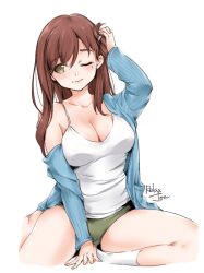 Rule 34 | 1girl, ;), arm up, artist name, blue jacket, blush, breasts, camisole, cleavage, closed mouth, collarbone, gakkou gurashi!, green eyes, green panties, hand in own hair, highres, jacket, kneehighs, large breasts, long hair, long sleeves, looking at viewer, off shoulder, one eye closed, open clothes, open jacket, panties, relaxjon, simple background, single bare shoulder, sitting, smile, socks, solo, thighs, underwear, wakasa yuuri, white background