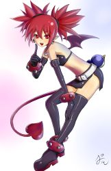 Rule 34 | 1girl, bare shoulders, bat wings, belt, bent over, bikini, bikini top only, black footwear, black gloves, boots, choker, demon girl, demon tail, demon wings, disgaea, dress, earrings, elbow gloves, etna (disgaea), full body, gloves, highres, index finger raised, jewelry, looking at viewer, miniskirt, nippon ichi, open mouth, pointy ears, prinny, red eyes, red hair, short twintails, side slit, signature, simple background, skirt, skull earrings, smile, solo, swimsuit, tail, terabytes, thigh boots, thighhighs, twintails, white background, wings, wrist cuffs