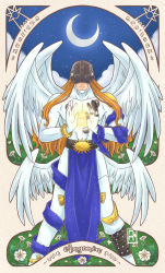 Rule 34 | angel, angemon, belt, covered eyes, digimon, highres, long hair, mask, moon, wings