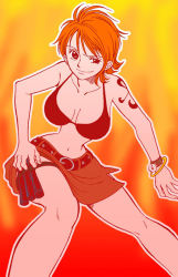 Rule 34 | 1girl, bad proportions, belt, bikini, bikini top only, bracelet, chabudai, clima-tact, female focus, fighting stance, jewelry, nami (one piece), one piece, orange hair, pirate, short hair, skirt, solo, swimsuit, tattoo, thigh strap, weapon