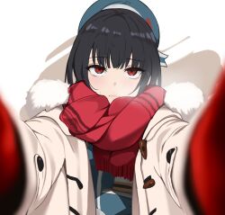 Rule 34 | 1girl, absurdres, black hair, endou (zettai bluenoid), fur-trimmed hood, fur trim, gloves, highres, hood, kantai collection, looking at viewer, red eyes, red gloves, red scarf, scarf, solo, takao (kancolle), winter clothes