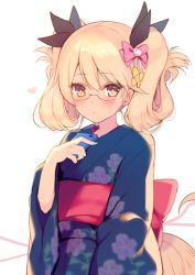Rule 34 | 10s, 1girl, :/, alternate hairstyle, black ribbon, blonde hair, blush, bow, brown eyes, cellphone, closed mouth, eyebrows, floral print, folded twintails, glasses, hair between eyes, hair bow, hair ribbon, heart, holding, holding phone, japanese clothes, kimono, mayachi (amuriya), obi, phone, pink bow, retoree (show by rock!!), ribbon, rimless eyewear, sash, show by rock!!, smartphone, solo, tail, white background