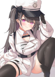 Rule 34 | 1girl, :3, absurdres, anchor symbol, arm support, azur lane, belt, black belt, black bow, black gloves, black hair, black thighhighs, blush, bow, breast pocket, breasts, buttons, cleavage, coat, coat dress, commentary, detached collar, dress, fur-trimmed coat, fur trim, gloves, hair bow, hat, highres, holding, holding clothes, holding hat, kusana (dudqja602), large breasts, long hair, long sleeves, looking at viewer, no shoes, off-shoulder coat, off shoulder, padded coat, pamiat merkuria (azur lane), pocket, purple eyes, side ponytail, sidelocks, simple background, sitting, skindentation, smile, solo, thigh strap, thighhighs, underbust, white background, white coat, white dress, white hat, zettai ryouiki