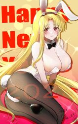 Rule 34 | 1girl, 2023, alcohol, animal ears, artist name, ass, back-seamed legwear, between legs, black bow, black bowtie, black pantyhose, blonde hair, blush, bottle, bow, bowtie, breasts, chinese zodiac, cleavage, closed mouth, collar, commentary request, diffraction spikes, english text, fake animal ears, fake tail, fate testarossa, fishnet pantyhose, fishnets, happy new year, highres, holding, holding bottle, kotoyoro, large breasts, leonis g, leotard, long hair, looking at viewer, lying, lyrical nanoha, new year, on side, pantyhose, parted bangs, partial commentary, playboy bunny, rabbit ears, rabbit tail, red eyes, seamed legwear, signature, smile, solo, sparkle, tail, translated, very long hair, white collar, white leotard, wine bottle, wing collar, year of the rabbit