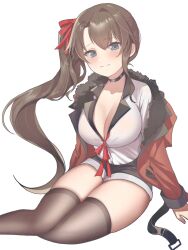 Rule 34 | 1girl, black choker, black shorts, blue eyes, breasts, brown hair, brown thighhighs, buttons, choker, cleavage, closed mouth, collared shirt, commission, dress shirt, female commander (girls&#039; frontline), fur trim, girls&#039; frontline, hair ribbon, highres, jacket, large breasts, long sleeves, micro shorts, off shoulder, open clothes, open jacket, phago, red jacket, red ribbon, ribbon, shirt, shirt tucked in, shorts, side ponytail, sidelocks, simple background, sitting, smile, solo, termichan (not-a-bot), thick thighs, thighhighs, thighs, white background, white shirt, yokozuwari