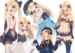Rule 34 | 1girl, :d, :o, abigail williams (animejapan 2018) (fate), abigail williams (fate), ass, backless dress, backless outfit, bare shoulders, belt, belt buckle, beret, black bow, black dress, black gloves, black hat, black skirt, black thighhighs, blonde hair, blue bow, blue dress, blue eyes, blush, bow, breasts, buckle, butt crack, closed mouth, collarbone, commentary request, criss-cross halter, detached sleeves, dress, elbow gloves, fate/grand order, fate (series), forehead, gloves, groin, hair bow, halterneck, hands up, hat, head tilt, highres, holding, leaning back, long hair, long sleeves, looking at viewer, looking back, microskirt, multiple views, navel, nose blush, official alternate costume, open mouth, orange bow, parted bangs, parted lips, pleated skirt, polka dot, polka dot bow, ponytail, puririn, round teeth, see-through, shirt, sidelocks, simple background, skirt, skirt hold, sleeveless, sleeveless dress, sleeveless shirt, sleeves past fingers, sleeves past wrists, small breasts, smile, standing, teeth, thighhighs, upper teeth only, very long hair, white background, white belt, white gloves, white shirt, white skirt