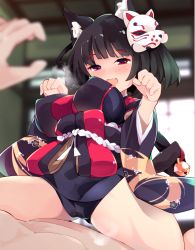 Rule 34 | 1boy, 1girl, :d, animal ears, azur lane, bell, black hair, blurry, blurry background, blush, breasts, breath, cameltoe, covered erect nipples, depth of field, fang, fox mask, girl on top, gluteal fold, highres, japanese clothes, jingle bell, large breasts, mask, mask on head, one-piece swimsuit, open mouth, paw pose, pov, pov hands, purple eyes, school swimsuit, short hair, smile, solo focus, straddling, swimsuit, swimsuit under clothes, tail, tail bell, tail ornament, wide sleeves, yamashiro (azur lane), zamudelin