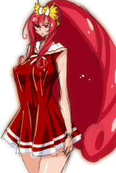 Rule 34 | 1girl, alternate costume, breasts, cure ace, dokidoki! precure, dress, hair ornament, hair ribbon, large breasts, lipstick, long hair, madoka aguri, magical girl, makeup, nipples, ponytail, precure, raisuta, red dress, red eyes, red hair, red skirt, red theme, ribbon, simple background, sketch, skirt, solo, very long hair, white background