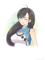Rule 34 | 1girl, ahoge, black hair, blade arcus from shining, blue eyes, breasts, cleavage, hair ornament, hairclip, highres, long hair, looking at viewer, official art, one eye closed, open mouth, pairon, shining (series), simple background, smile, solo, taut clothes, tony taka, upper body, very long hair, white background