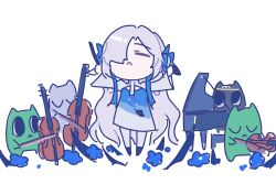 Rule 34 | 1girl, :&lt;, absurdres, arms up, conductor baton, blue dress, blue flower, cat, cello, chibi, closed eyes, commentary, dress, fagun yibei, flower, full body, gradient dress, grand piano, grey hair, hair flower, hair ornament, hair over one eye, head back, highres, holding, holding instrument, holding violin, instrument, isekai joucho, kamitsubaki studio, long hair, long sleeves, orchestra, pantyhose, piano, shrug (clothing), simple background, sketch, solo, symbol-only commentary, very long hair, violin, virtual youtuber, white background, white dress, white pantyhose, wide sleeves