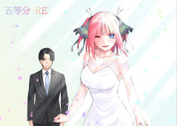 Rule 34 | 1boy, 1girl, :d, bare shoulders, black hair, black ribbon, black suit, blue eyes, blue necktie, blunt bangs, blush, breasts, butterfly hair ornament, cleavage, collarbone, dress, ear piercing, eyebrows hidden by hair, father and daughter, formal, go-toubun no hanayome, hair ornament, highres, kosmos beta, lace, lapels, large breasts, light rays, looking at viewer, multicolored nails, nail polish, nakano maruo, nakano nino, necktie, notched lapels, one eye closed, open mouth, petals, piercing, pink hair, ribbon, shirt, simple background, smile, suit, twintails, wedding dress, white dress, white shirt
