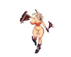 Rule 34 | 1girl, blonde hair, blue eyes, blush, breasts, broken, broken lance, broken weapon, embarrassed, feet, female focus, full body, functionally nude, game cg, gloves, groin, hand up, head tilt, holding, holding lance, holding polearm, holding weapon, huge breasts, lance, legs, looking at viewer, melon22, navel, nipples, no bra, no panties, open mouth, original, pasties, polearm, pussy, shield, solo, standing, thighs, transparent background, twintails, weapon