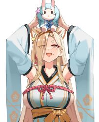 Rule 34 | 1girl, animal ears, armpits, arms up, blonde hair, blue archive, blush, breasts, character doll, chise (blue archive), detached sleeves, floral print, hair over one eye, hairband, highres, holding, japanese clothes, kaho (blue archive), large breasts, long hair, mole, mole under eye, open mouth, orange eyes, orange hairband, sideboob, simple background, simplecar, skindentation, solo, upper body, very long hair, white background, wide sleeves