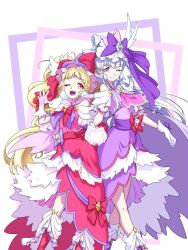 Rule 34 | 2girls, ;d, adapted costume, aisaki emiru, alternate costume, bare shoulders, blonde hair, boots, commentary request, cure amour, cure macherie, dress, earrings, eyelashes, gloves, grey hair, hair ornament, happy, hat, heart, highres, hugtto! precure, jewelry, long hair, looking at viewer, magical girl, mahou girls precure!, matatabi (karukan222), multiple girls, one eye closed, open mouth, pink dress, pink eyes, precure, purple dress, purple eyes, ruru amour, smile, standing, twintails, white gloves, witch, witch hat