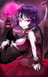 Rule 34 | 1girl, alternate breast size, breasts, cleavage, cleavage cutout, clothing cutout, cross, cuffs, dress, fang, fingernails, highres, large breasts, looking at viewer, moon, nail polish, night, purple hair, red eyes, red nails, remilia scarlet, sharp fingernails, sinzan, sleeveless, sleeveless dress, smile, touhou