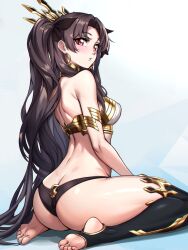 Rule 34 | 1girl, ass, back, bare shoulders, barefoot, black hair, black panties, black thighhighs, blue background, blush, breasts, butt crack, crop top, earrings, fate/grand order, fate (series), feet, from behind, gradient background, hair ornament, highres, ishtar (fate), jewelry, kneeling, long hair, looking back, medium breasts, necklace, panties, parted lips, red eyes, simple background, sitting, soles, solo, stirrup legwear, thighhighs, toeless legwear, toes, twintails, underwear, wariza, zantyarz