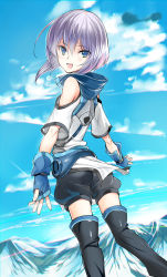 Rule 34 | 1boy, ahoge, ass, black thighhighs, blue eyes, blue gloves, blue sky, chromatic aberration, clothing cutout, cloud, coin rand, day, ernesti echevalier, fingerless gloves, gloves, highres, knight&#039;s &amp; magic, knight&#039;s and magic, looking at viewer, looking back, male focus, mountain, open mouth, shorts, shoulder cutout, silver hair, sky, smile, solo, thighhighs, tsurime