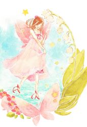 Rule 34 | 1girl, bad id, bad pixiv id, brown hair, bug, butterfly, closed eyes, dress, fairy, female focus, flower, full body, insect, lily of the valley, mini person, minigirl, pink dress, smile, solo, star (symbol), utauinu, utauinu (saku), wings
