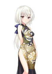 Rule 34 | 1girl, 47agdragon, bare shoulders, blush, bow, breasts, china dress, chinese clothes, dress, hair bow, highres, long hair, looking at viewer, original, red eyes, side slit, simple background, solo, white background, white hair