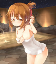 Rule 34 | 10s, 1girl, blush, breasts, brown eyes, brown hair, collarbone, folded ponytail, highres, inazuma (kancolle), kantai collection, kisa (k isa), leaning forward, medium breasts, naked towel, night, night sky, onsen, sky, solo, star (sky), starry sky, towel