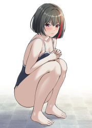 Rule 34 | 1girl, absurdres, armpit crease, bang dream!, bare arms, bare legs, bare shoulders, barefoot, black hair, black one-piece swimsuit, blue one-piece swimsuit, blush, breasts, cleavage, closed mouth, collarbone, commentary request, from side, hair between eyes, hands up, highres, looking at viewer, medium breasts, mitake ran, multicolored hair, one-piece swimsuit, pink eyes, ptal, red hair, school swimsuit, scowl, solo, squatting, streaked hair, swimsuit, thighs, tile floor, tiles, two-tone hair, v-shaped eyebrows, white background