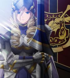 Rule 34 | 10s, 1girl, armor, blonde hair, blue eyes, celia kumani entory, highres, knight, lance, long hair, polearm, screencap, solo, spear, standing, stitched, third-party edit, walkure romanze, weapon