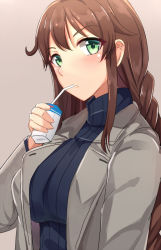Rule 34 | 1girl, alternate costume, blue eyes, blue sweater, blush, braid, breasts, brown hair, carton, casual, drinking, drinking straw, green eyes, grey jacket, holding, jacket, kantai collection, large breasts, long hair, long sleeves, looking at viewer, noshiro (kancolle), open clothes, open jacket, ribbed sweater, shin&#039;yashiki, sidelocks, solo, sweater, swept bangs, twin braids, upper body