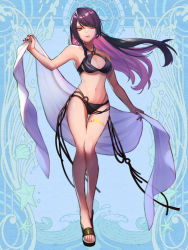 Rule 34 | 1girl, bikini, black bikini, black ribbon, blue background, dairoku ryouhei, earrings, full body, jewelry, legs together, long hair, looking at viewer, misty midnight, nail polish, navel, official art, purple eyes, purple hair, red nails, ribbon, sandals, see-through, simple background, solo, sparkle, standing, swimsuit, very long hair